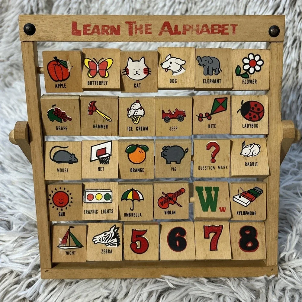 Vintage‎ LEARN THE ALPHABET Abacus Style Folding Wooden Turning Blocks Toy